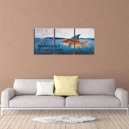 3 Panels Modern Framed Inspirational Canvas Wall Art Goldfish Body Strong Shark Heart Mindset is Everything Motivational Wooden Decor Posters for Office Gym Classroom Home Decoration(48''W x 24''H)