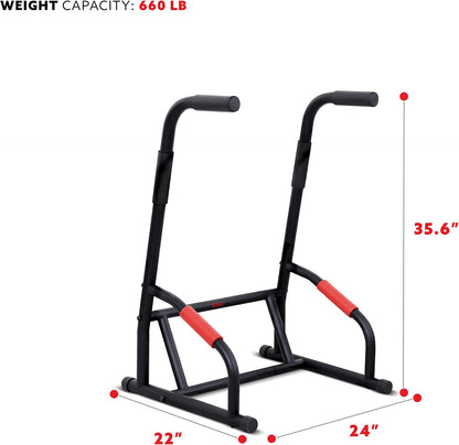 Sunny Health & Fitness Power Tower, Dip Bar, Push-Up & Pull Up Assisting Parallette Station w Optional Rock Climbing Grip Trainer