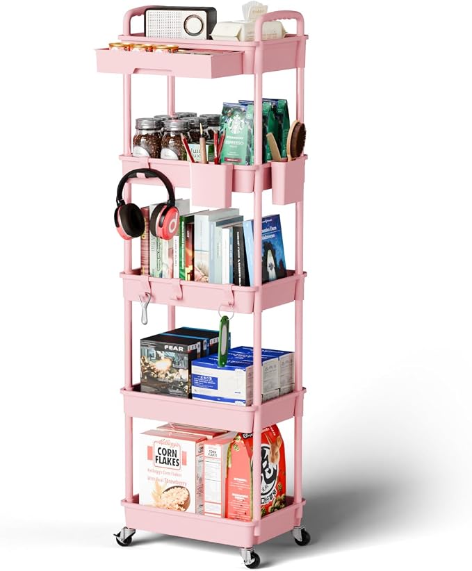 Sorgion 5 Tier Rolling Cart Organizer,Bathroom Cart Organizers with Wheels Laundry Room Organization Mobile Shelving Unit Utility Cart Storage Shelves Multi-Functional for Office, Home(Pink)
