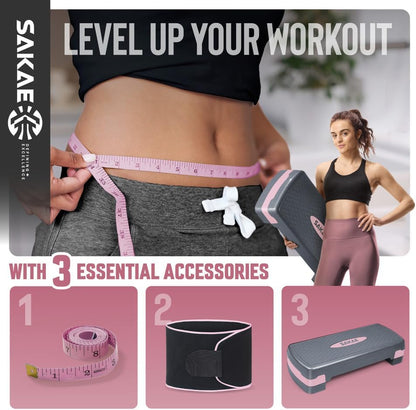 Adjustable Height Aerobic Stepper Set, Multiple Bundle Options with Dumbbells, Kettlebell, Waist Trimmer, Ankle Weights or Weighted Vest, Workout Exercise Step Platform w/Level Risers, 4 Colors