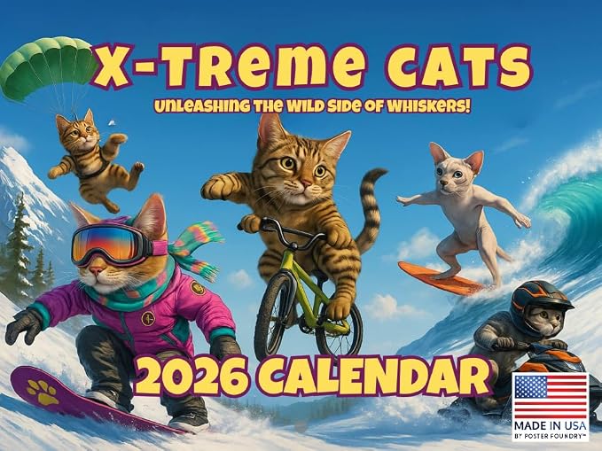 Extreme Sports Cats Calendar 2026 Monthly Wall Calender 12 Month | American Made In The USA