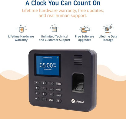 uAttend RE2000 Biometric Time Clock for Employees – Fingerprint + PIN Punching, Wi‑Fi Cloud Time & Attendance System with Offline Storage, Payroll-Ready – Small Business Time Tracking