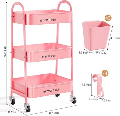 3 Tier Metal Rolling Cart with Lockable Wheels and Handle, Three Tiered Pink Trolley Cart on Wheels, Utility Storage Organizer for Bathroom, Kitchen, Teachers, Art, Crafts, Baby Diaper, Snack, Nail