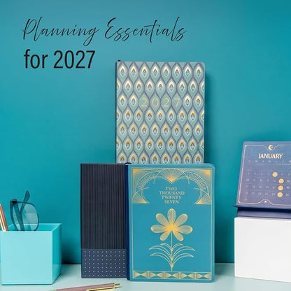 Orange Circle Studio 2027 Planner, Blue Gray Tri-Tab Weekly & Monthly Planner, 9.6" x 7", Spiral Bound Organizer with Note Pages, Pocket Dividers & Elastic Closure Design for Home Office Planning Uses