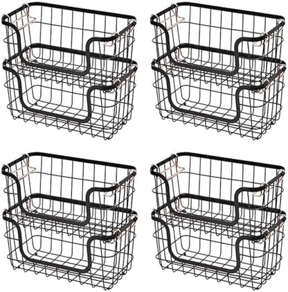 Amazon Basics Stackable Metal Wire Rectangular Storage Baskets for Kitchen, Bathroom or Pantry Organizing, 2 Count, Black (Pack of 4)
