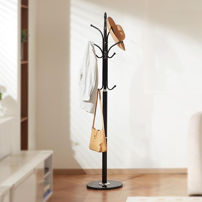 VEVOR Coat Rack Freestanding, Coats Tree Stand with Stable Marble Base & 6 Hooks, Free Standing Hall Coat Rack for Entryway, Bedroom, Office, Living Room, Modern Clothes Hanger for Coats, Hats, Bags