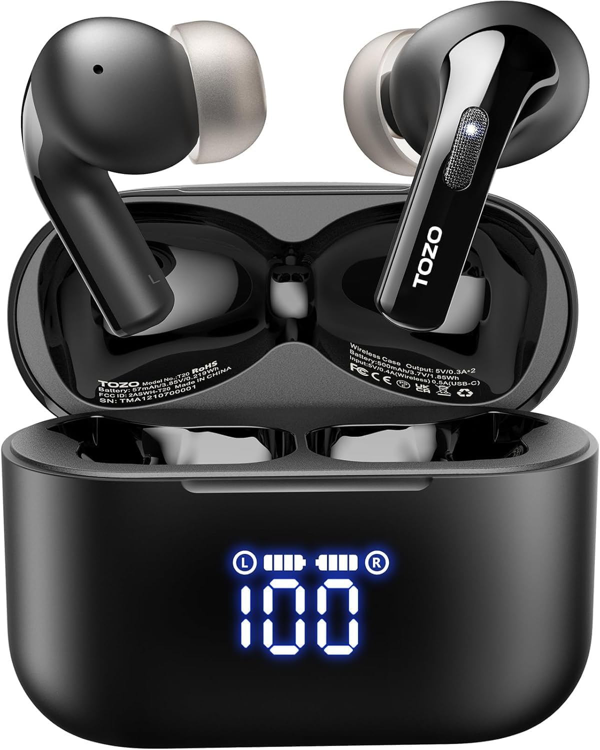 TOZO T20 Wireless Earbuds Bluetooth Headphones 48.5 Hrs Playtime with LED Digital Display, IPX8 Waterproof, Dual Mic Call Noise Cancelling 10mm Broad Range Speakers, 2025 Version