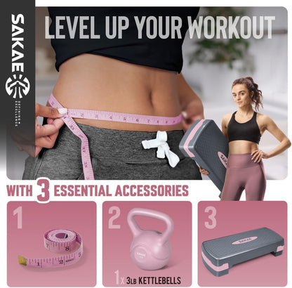 Adjustable Height Aerobic Stepper Set, Multiple Bundle Options with Dumbbells, Kettlebell, Waist Trimmer, Ankle Weights or Weighted Vest, Workout Exercise Step Platform w/Level Risers, 4 Colors