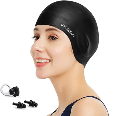 Swimming Cap, Silicone Swim Cap for Women Men, Durable Non-Slip Waterproof Swim Cap Protect Ears, Long Hair for Adults, Older Kids