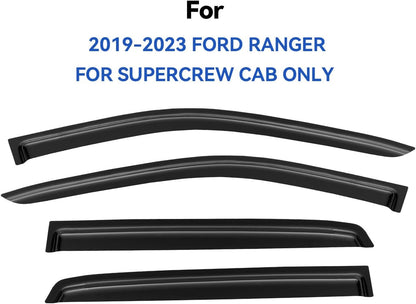Window Visors Rain Guards for 2019 2020 2021 2022 2023 Ford Ranger Supercrew, Out-Channel Window Vent Wind Deflectors Visors Shades for 19-23 Ranger, for Full-Size Cabs