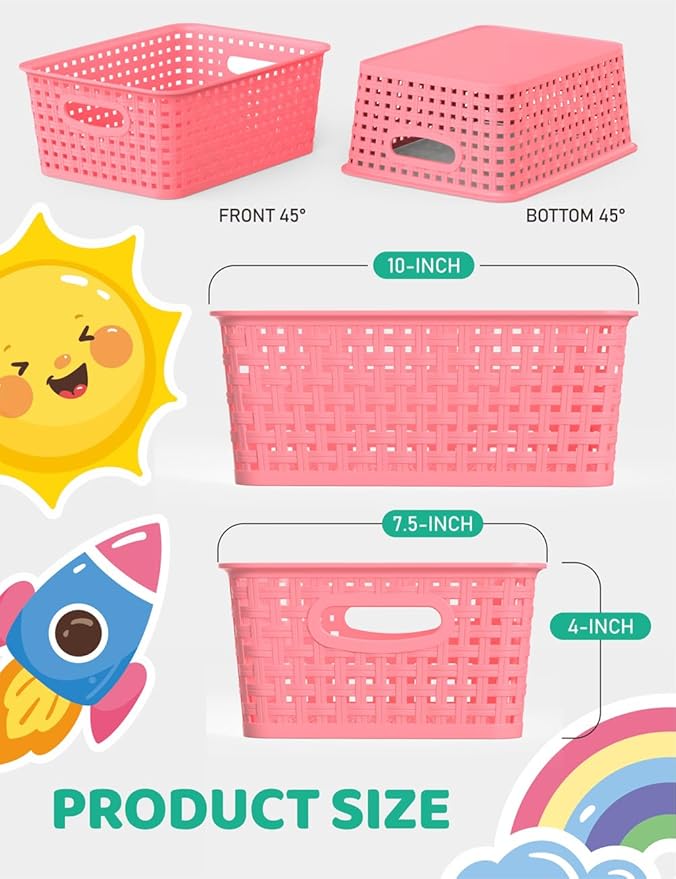 WYT 6-Pack Plastic Small Shelf Storage Weave Baskets Organizing for Cabinets and Pantries, Pink