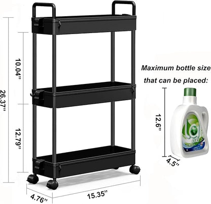 SOLEJAZZ Slim Rolling Storage Cart with Wheels 3 Tier Skinny Bathroom Storage Organizer Thin Laundry Room Utility Cart Space-Saving for Bedside Kitchen Office Small Narrow Places, Black