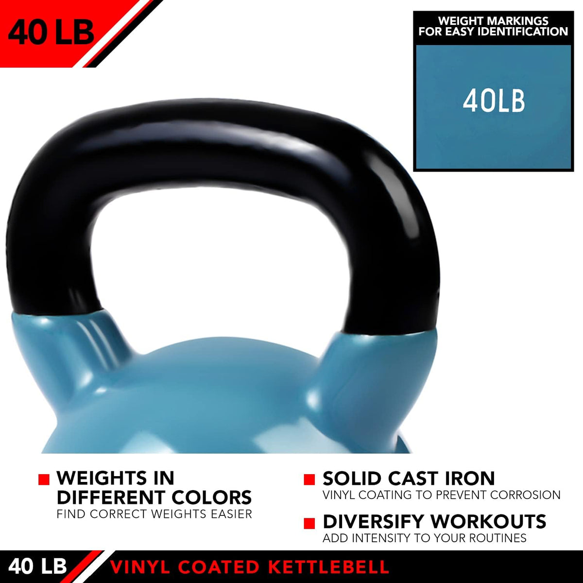 JFIT Kettlebell Weights Vinyl Coated Iron - 12 Size Options, 5lbs-50lbs - Coated for Floor and Equipment Protection, Noise Reduction, Ballistic, Core, Weight Training