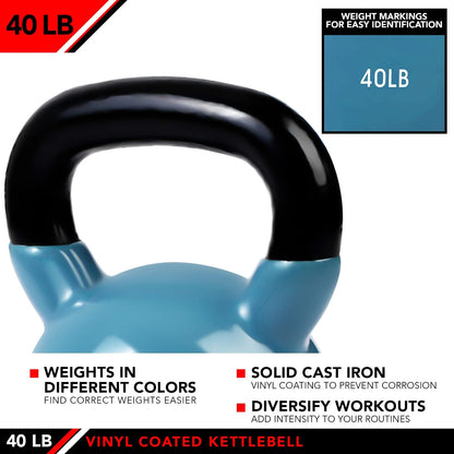 JFIT Kettlebell Weights Vinyl Coated Iron - 12 Size Options, 5lbs-50lbs - Coated for Floor and Equipment Protection, Noise Reduction, Ballistic, Core, Weight Training