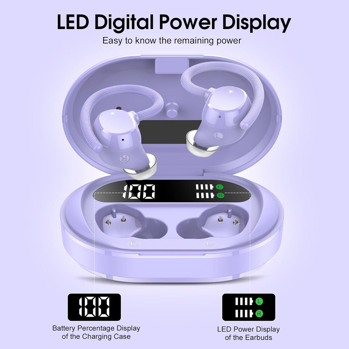 Wireless Earbuds, 2023 New Ultralight Sport Bluetooth 5.3 Headphones In Ear with LED Display, Built-in Mic Earphones, IPX7 Waterproof Wireless Headphones with Earhooks for Gym Workout (Purple)