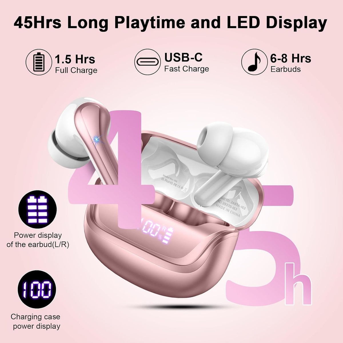 Wireless Earbuds Bluetooth 5.4 Headphones Noise Cancelling, 40H Playtime Bluetooth Ear Bud with Dynamic Drivers Stereo, Sports Earphones Wireless with LED Power Display for Laptop Pad Phones
