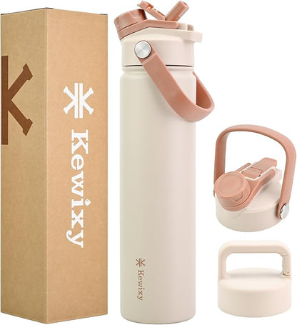 24 oz Insulated Water Bottle, 2-in-1 Lid, Straw & Spout with Protected, Leak Proof, Keep Cold 24H, Cup Holder Fit, Stainless Steel, Metal, Reusable, for Travel, Gym and School, 2 Lids, Mousse