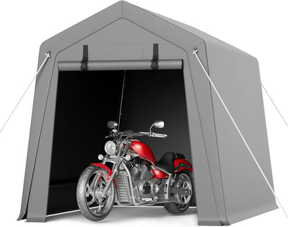 6 x 8 ft Carport Storage Shed, Portable Garage with Roll-up Zipper Door, Heavy Duty Waterproof Tarp, Storage for Motorcycle, Bike, Firewood, Garden Tools