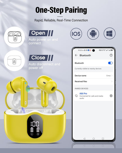 Wireless Earbuds, Bluetooth 5.4 Headphones Bass Stereo, Ear Buds with Noise Cancelling Mic, IP7 Waterproof in Ear Earphones, 36H LED Display Bluetooth Earbuds for Laptop Pad Phones Sports, Yellow