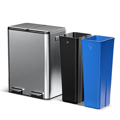 Home Zone Living 16 Gallon Kitchen Trash Can with Dual Compartments for Recycling, Stainless Steel, Silver, 60 Liters Total