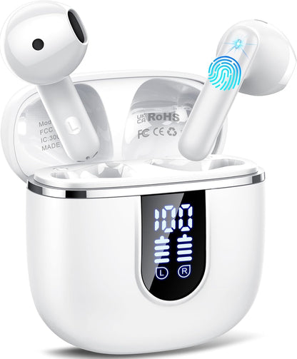 Wireless Earbuds, Bluetooth 5.4 Headphones with 3D Bass Stereo, 40H Ultralight in-Ear Buds, Bluetooth Earbuds with 4 ENC Noise Cancelling Mic, USB-C, IP7 Waterproof Earphones for Android iOS, Milky