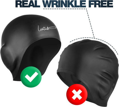3D Swim Caps - Ear Protection Swimming Cap for Women & Men - Silicone, Waterproof - Fits Long & Short Hair - Adult & Youth
