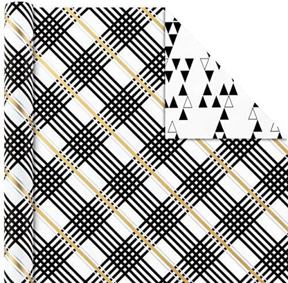 Hallmark Reversible Wrapping Paper Bundle with Ribbon & Gift Tag Stickers - Black, Gold Stripes, Plaid (3 Pack, 120 sq. ft. TTL, 30 Yds. Mini Ribbon, 36 Labels) for Graduations, Weddings, Christmas