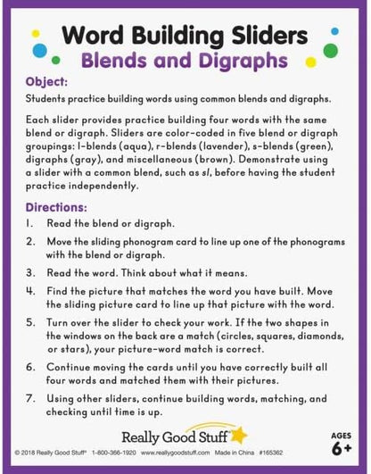Really Good Stuff Word Building Sliders, Blends & Digraphs - Set of 27