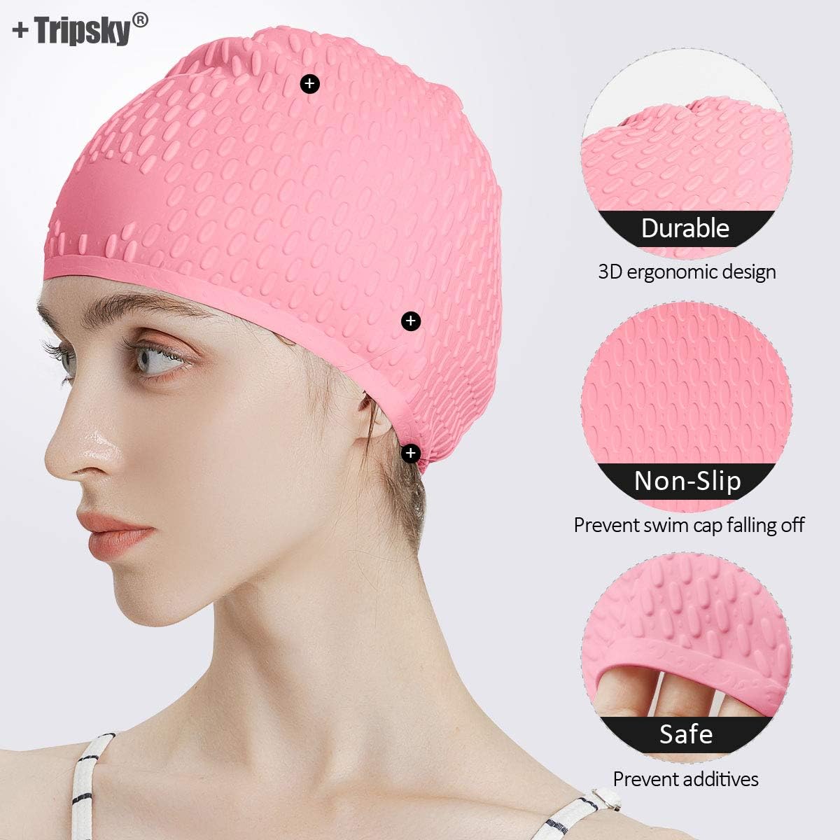 Tripsky Silicone Swim Cap,Comfortable Bathing Cap Ideal for Curly Short Medium Long Hair, Swimming Cap for Women and Men, Shower Caps Keep Hairstyle Unchanged…