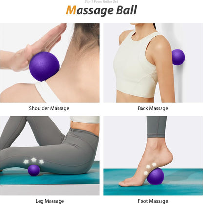 5 in 1 Foam Roller Set for Deep Tissue Muscle Massage, High Density Trigger Point Fitness Patented Exercise Foam Roller, Massage Roller, Massage Ball, Resistance Band, for Whole Body(Purple)