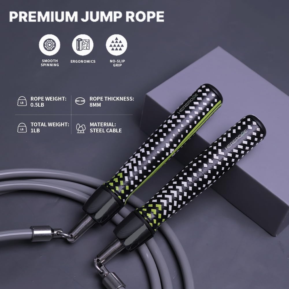 Hererope Weighted Jump Ropes for Men & Women, 1 LB Jump Rope Weighted With Ball-bearing, No-Slip Grip, Durable Steel Cable, Heavy Jump Rope Designed for Fitness, High-Intensity Strength Workouts, crossfit