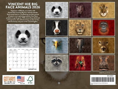 Vincent Hie Big Face Animal Calendar 2026 Monthly Wall Calender 12 Month | American Made In The USA