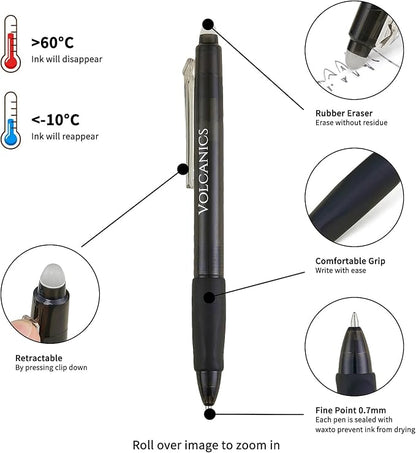 Volcanics Retractable Erasable Gel Pens, Soft Black, 0.7mm, 12 Pack