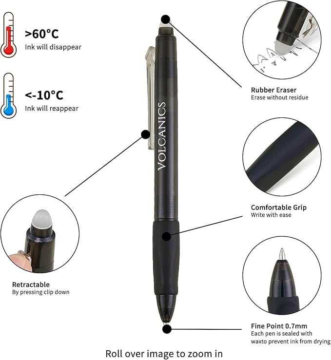 Volcanics Retractable Clicker Erasable Gel Pens, Soft Black, 0.7mm, 18 PCS