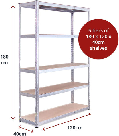 Garage Shelving Units - 71" H x 47" L x 16" W - Heavy Duty Racking - Shelves for Storage -1 Bay - Galvanised - 5 Tier - 2000LB Capacity (400LB Per Shelf) - Workshop, Shed, Office - 5 Year Warranty