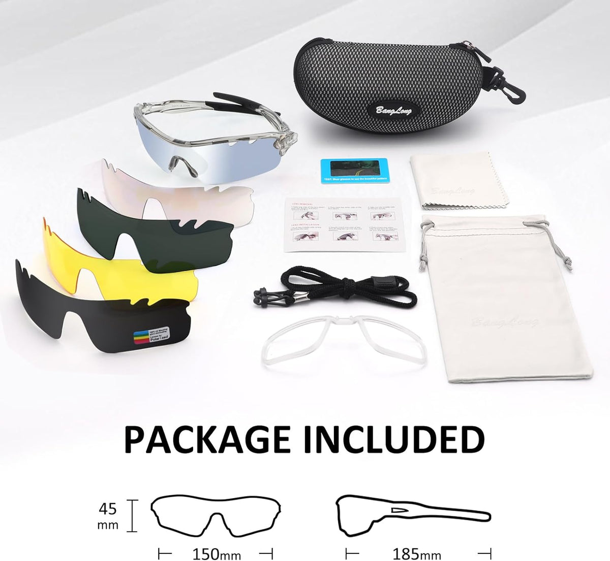 BangLong Polarized Sports Sunglasses Cycling Sun Glasses for Men Women with 5 Interchangeable Lenes for Running Baseball Golf