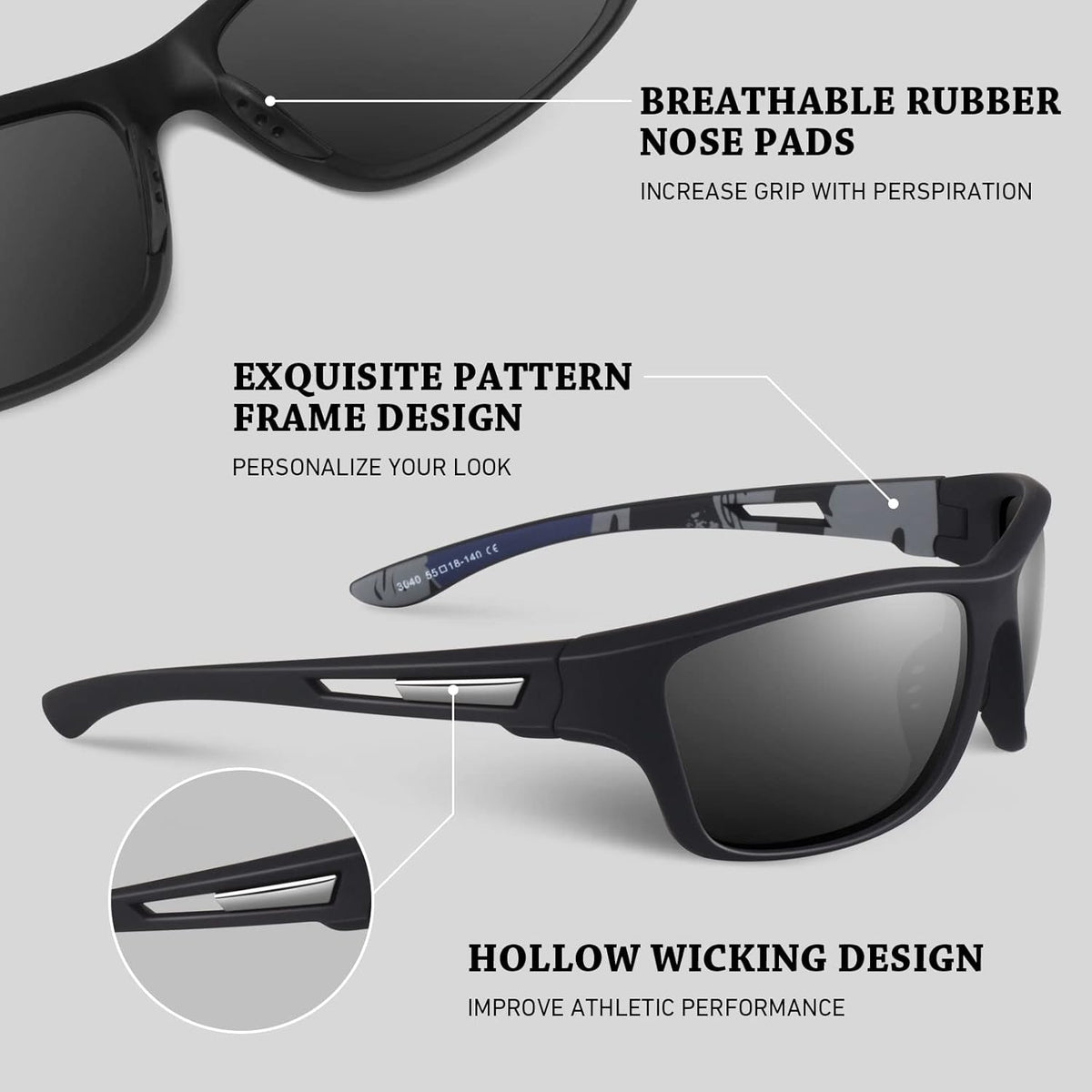 Polarized Sports Sunglasses for Men Women,Fishing Driving Rectangular Goggles UV400 Protection