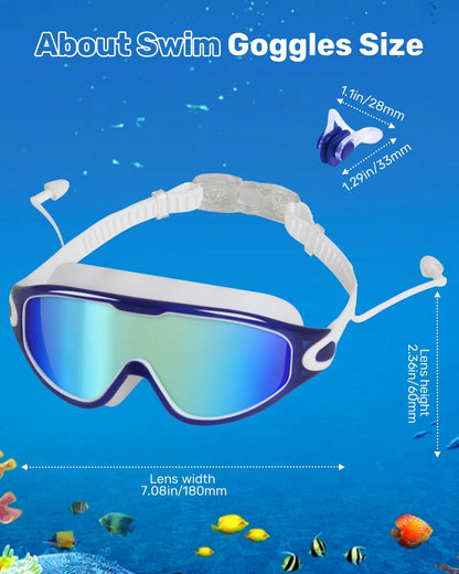 Swim Goggles for Adults, Wide View Anti-Fog & UV Swimming Goggles with Nose Clip & Ear Plugs, No Leak