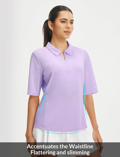 baleaf Womens Golf Shirts Half Sleeve Elbow Length Polo Tops | Stretch, Sun Protection UPF 50+, Quick Dry, Breathable, Moisture Wicking, Quarter Zip V Neck, Ideal for Golf Work Casual