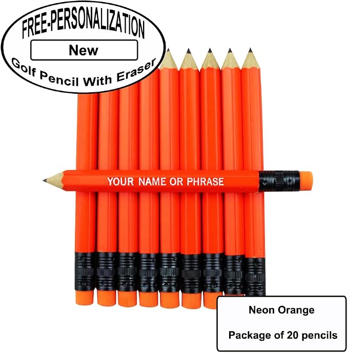 EZPENCILS & GIFTS - Golf Pencils Tipped with Eraser (1/2 a Pencil - Pew Pencils) - Neon Orange Colored Barrel - FREE-PERSONALIZATION - 2HB Black Lead - Custom Text - Non-Smear Eraser – Package of 20