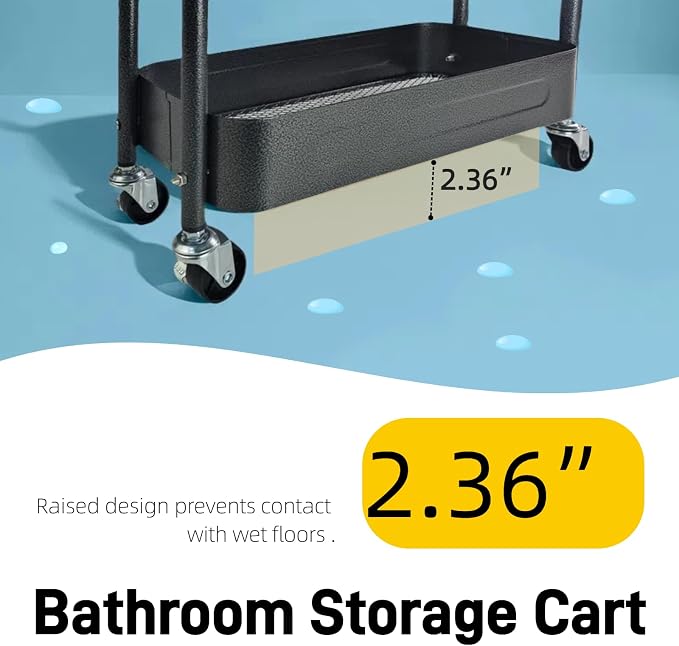 3 Tier Slim Metal Rolling Storage Cart for Laundry Room & Kitchen Organizer, 7.1'' Thin Standing Shelf for Narrow Spaces, Utility Cart with Wheels & Lockable Casters for Bathroom, Black