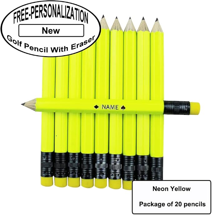 EZPENCILS & GIFTS - Golf Pencils Tipped with Eraser (1/2 a Pencil - Pew Pencils) - Neon Yellow Colored Barrel - FREE-PERSONALIZATION - 2HB Black Lead - Custom Text - Non-Smear Eraser – Package of 20