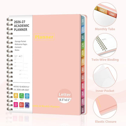Planner 2026-2027, Academic Weekly and Monthly Calendar Planner, July 2026 - June 2027, Hardcover Spiral Agenda Book, School Supplies for Teacher Student - Letter Size(8.5" x 11")