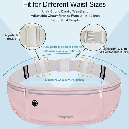Running Belt for Women & Men - Slim Phone running belt with Water-Resistant Phone Holder, 3 pockets Adjustable Waist Strap, Reflective Safety Design for Running, Hiking, Travel，Fitness (Pink)