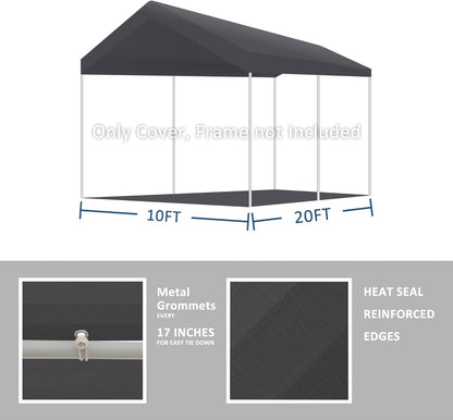 10' x 20' Upgraded Carport Replacement Canopy Cover Grey for Car Garage Shelter Party Tent Top Tarp with Ball Bungees (Only Top Cover, Frame is not Included)
