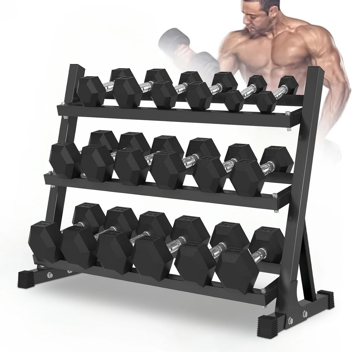 YUFER 6-10 Pair Hex Dumbbell Weight Set With Rack for Home Outdoor Gyms Rubber 5-50 lbs Exercise & Fitness Nonslip Handle Dumbbells and Storage Rack Hold 350/450/550 Pounds