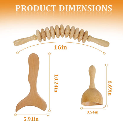 Liitrton Wood Therapy Fasci Massage Tools Curved Wooden Massage Roller Cellulite Reduction and Muscle Tension (Wood 3-in-1)