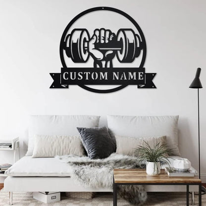 Personalized Metal Gym Sign - Custom Name Barbell Dumbbell Laser Cut Weightlifting Exercise Wall Decor
