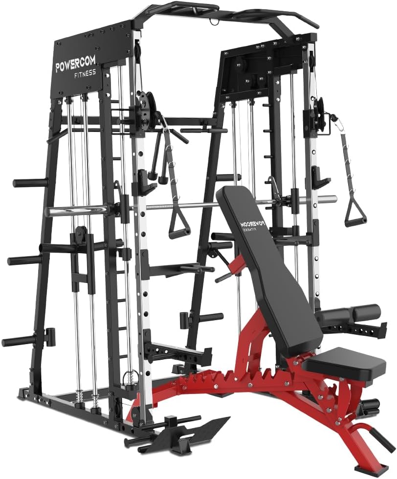 Power Cage 2300lbs Smith Machine Squat Rack with LAT-Pull Down System & Cable Crossover Machine, Training Equipment with Leg Hold-Down Attachment Weight Cage for Home Gym