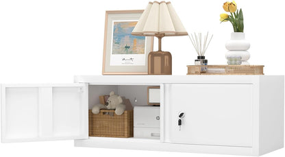 GREATMEET Locking Cabinet, Garage Storage Cabinet, Metal Wall Mounted Storage Cabinets with Doors for Garage, Hanging Floating (White, 13" H)